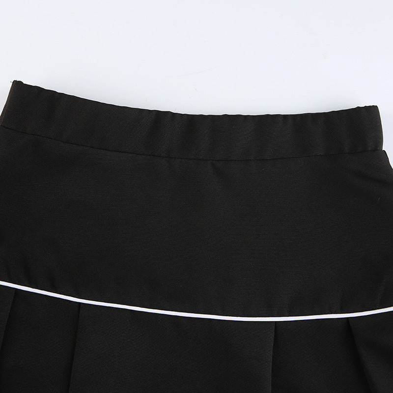 High Waist Teething Embroidery Contrast Pleated Skirt - JUCE