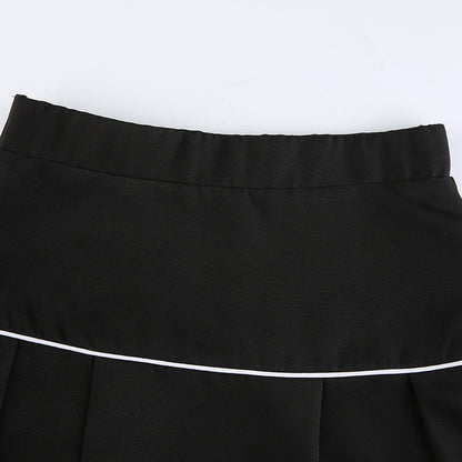 High Waist Teething Embroidery Contrast Pleated Skirt - JUCE