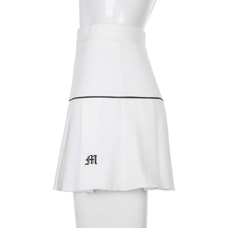 High Waist Teething Embroidery Contrast Pleated Skirt - JUCE