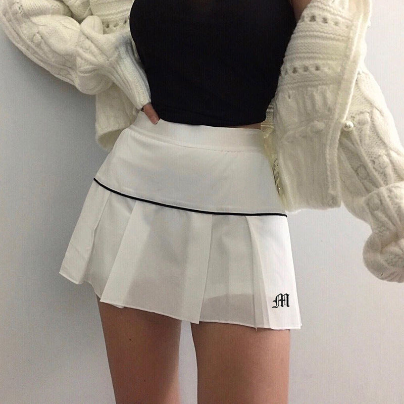 High Waist Teething Embroidery Contrast Pleated Skirt - JUCE