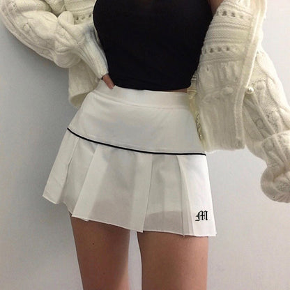 High Waist Teething Embroidery Contrast Pleated Skirt - JUCE