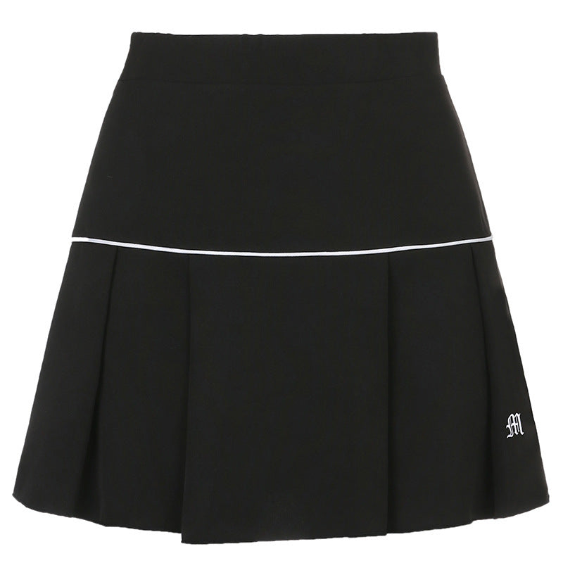 High Waist Teething Embroidery Contrast Pleated Skirt - JUCE