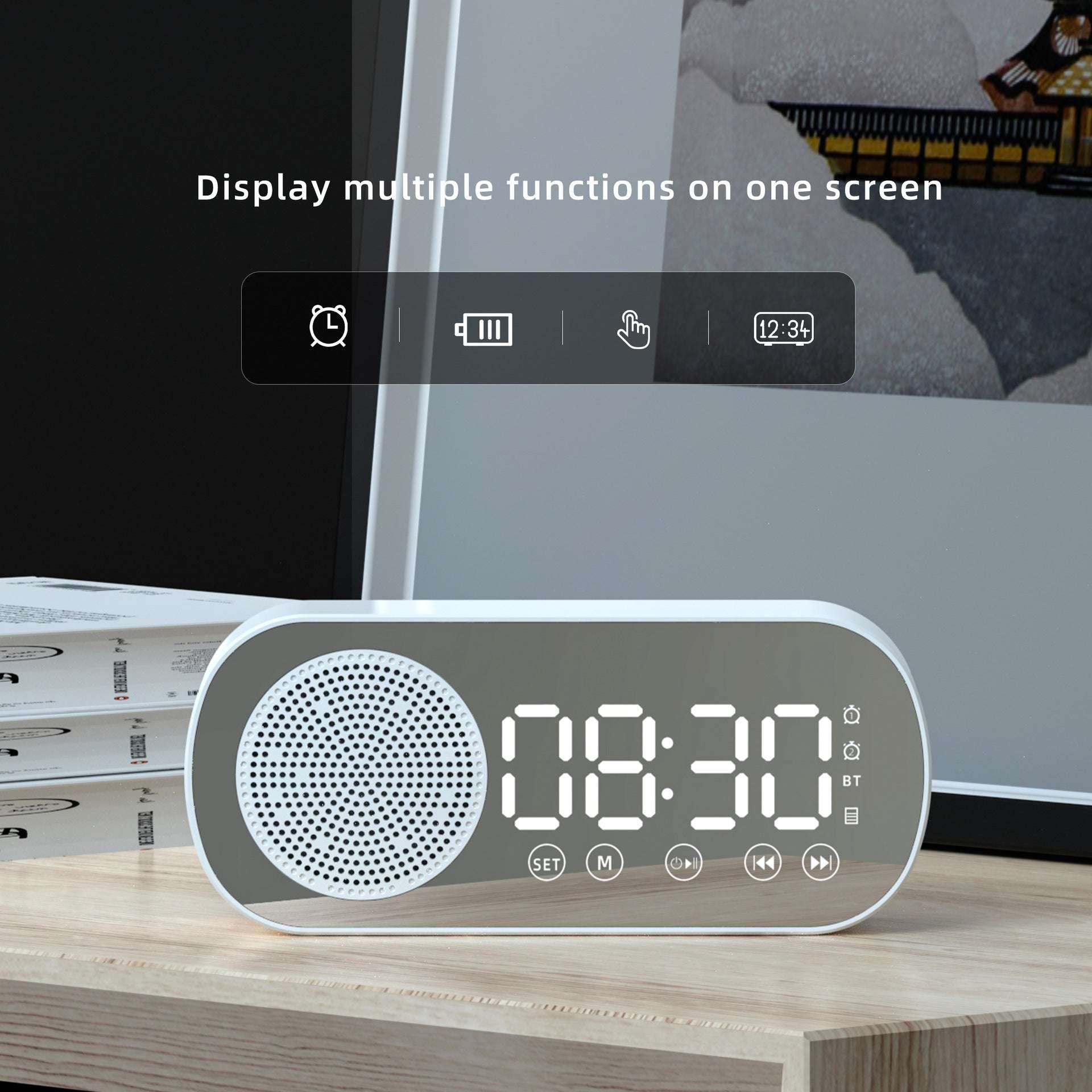 BT Music Alarm Clocks Mirror FM Radio LED Digital Clock 2 Alarm Snooze 24H Electronic Watch Dimming Table Phone Stand USB Clocks - JUCE