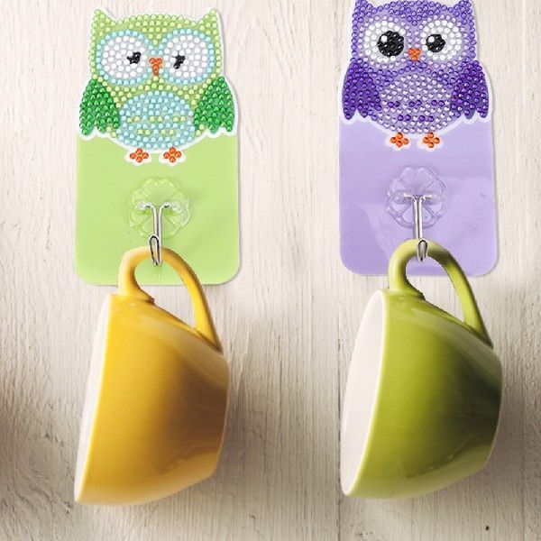 6pcs Diamond Drawing Self-adhesive Wall Hooks Kit Owl Bird - JUCE