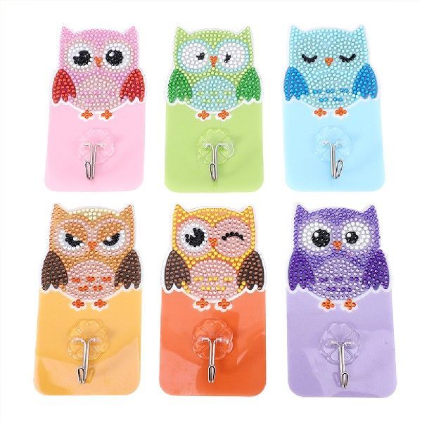 6pcs Diamond Drawing Self-adhesive Wall Hooks Kit Owl Bird - JUCE