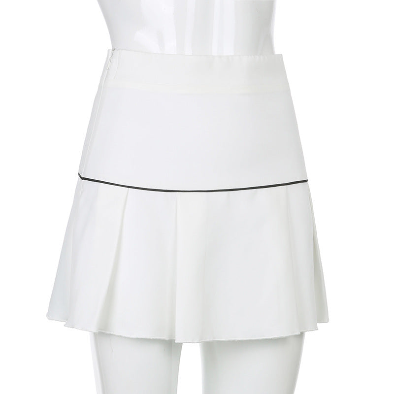 High Waist Teething Embroidery Contrast Pleated Skirt - JUCE