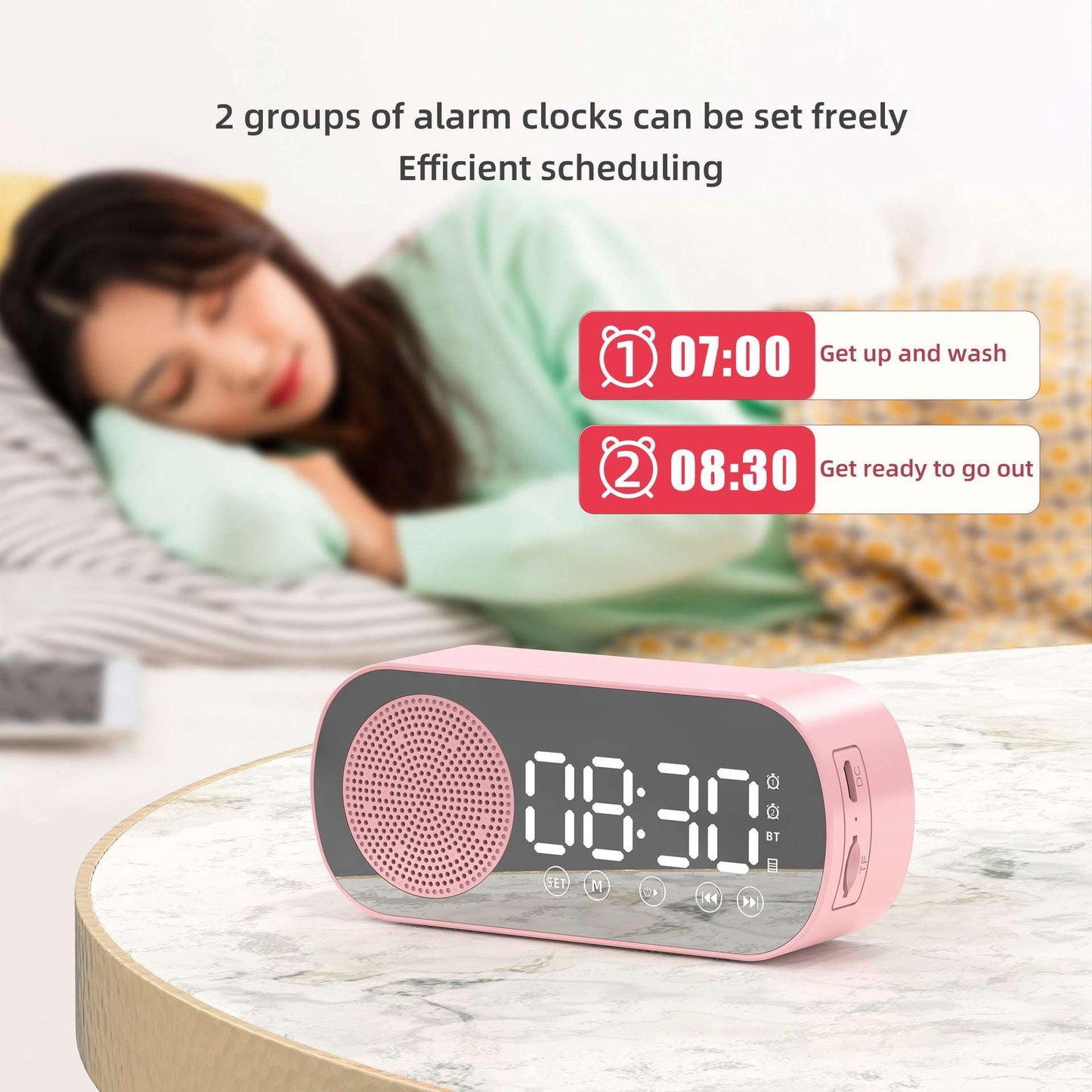 BT Music Alarm Clocks Mirror FM Radio LED Digital Clock 2 Alarm Snooze 24H Electronic Watch Dimming Table Phone Stand USB Clocks - JUCE