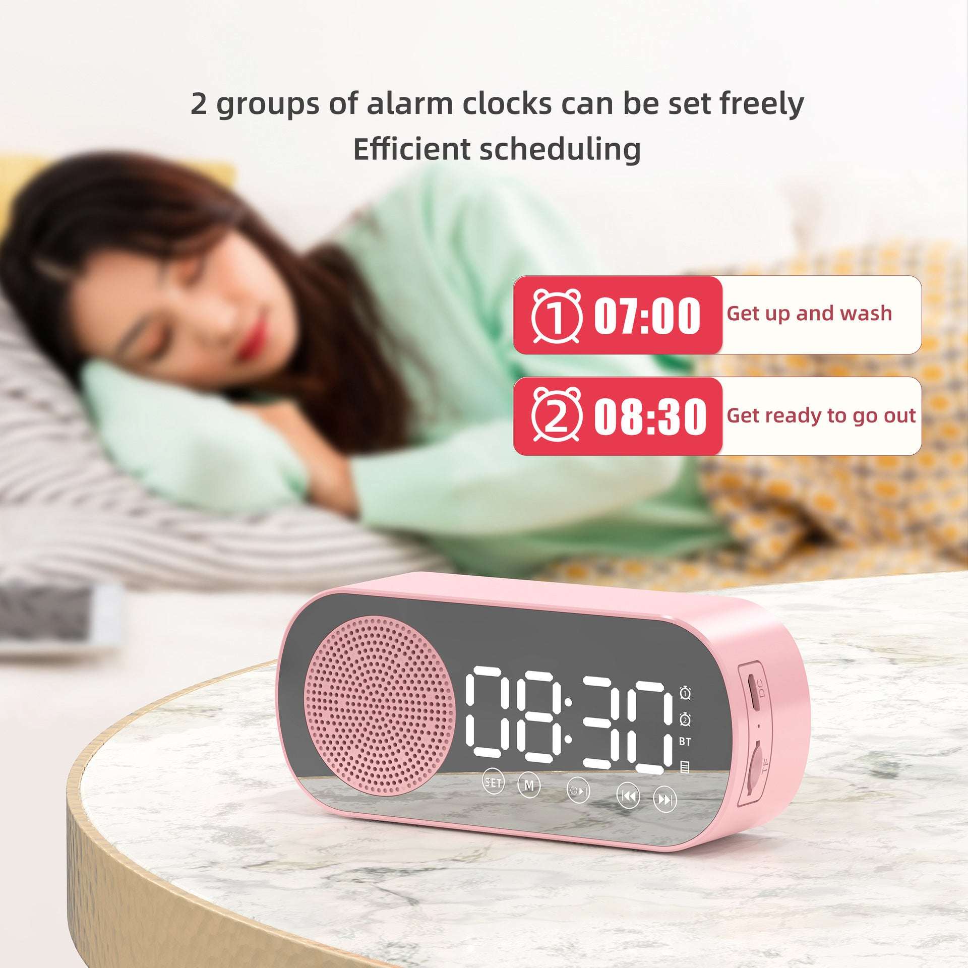 BT Music Alarm Clocks Mirror FM Radio LED Digital Clock 2 Alarm Snooze 24H Electronic Watch Dimming Table Phone Stand USB Clocks - JUCE