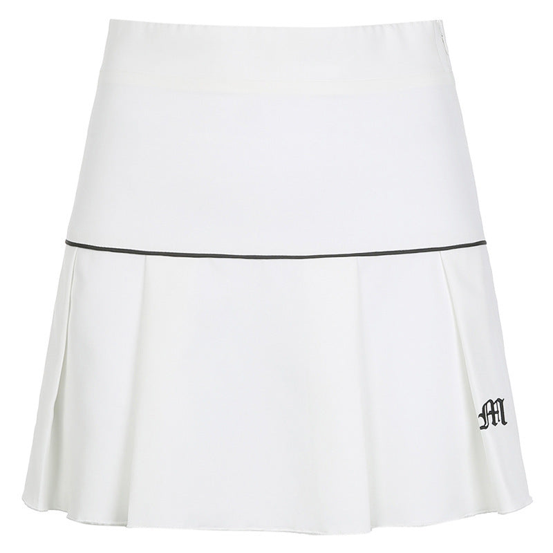 High Waist Teething Embroidery Contrast Pleated Skirt - JUCE